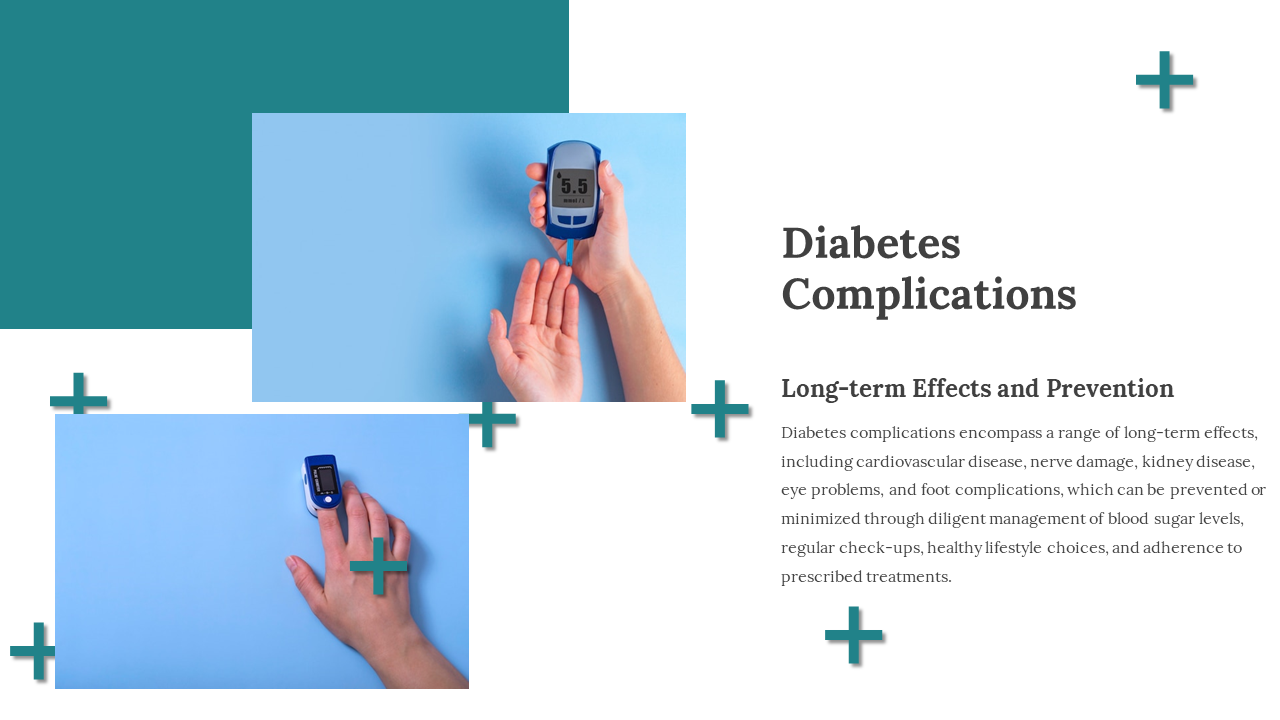 White and teal background with two rectangle photos of hands using glucose meters on a blue surface, with plus icons around.