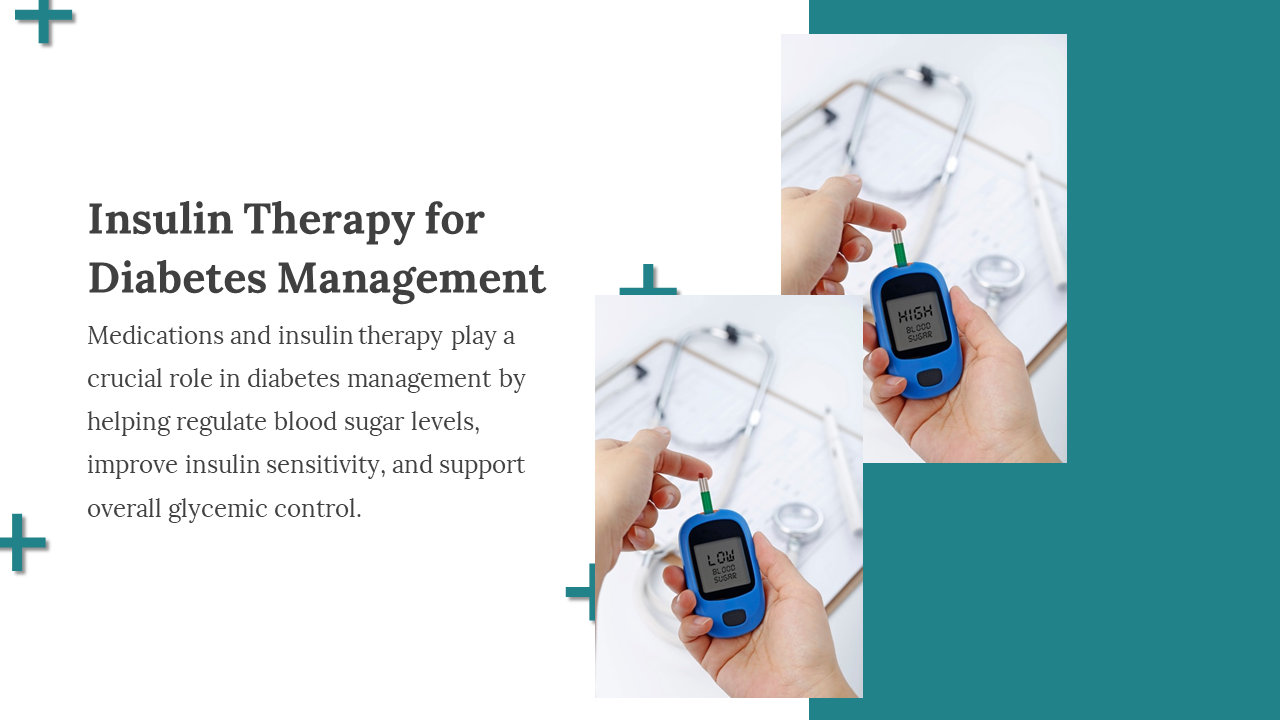 White and teal layout with two overlapping rectangular photos of hands using a glucose meter, and plus signs accents.