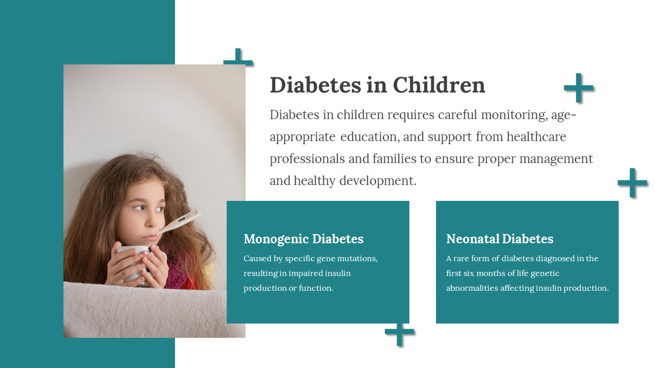 Slide showing a girl with a thermometer, and two teal boxes with white text aligned horizontally on right with plus signs.