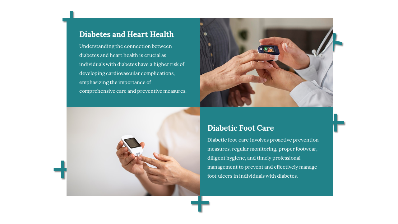 Split layout with teal text blocks and rectangular photos of hand held glucose meters, decorated with plus signs.
