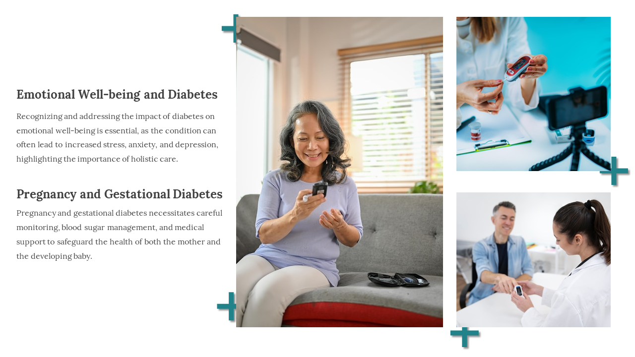 White background with teal plus icons, three photos showing blood glucose testing in clinical and home settings.