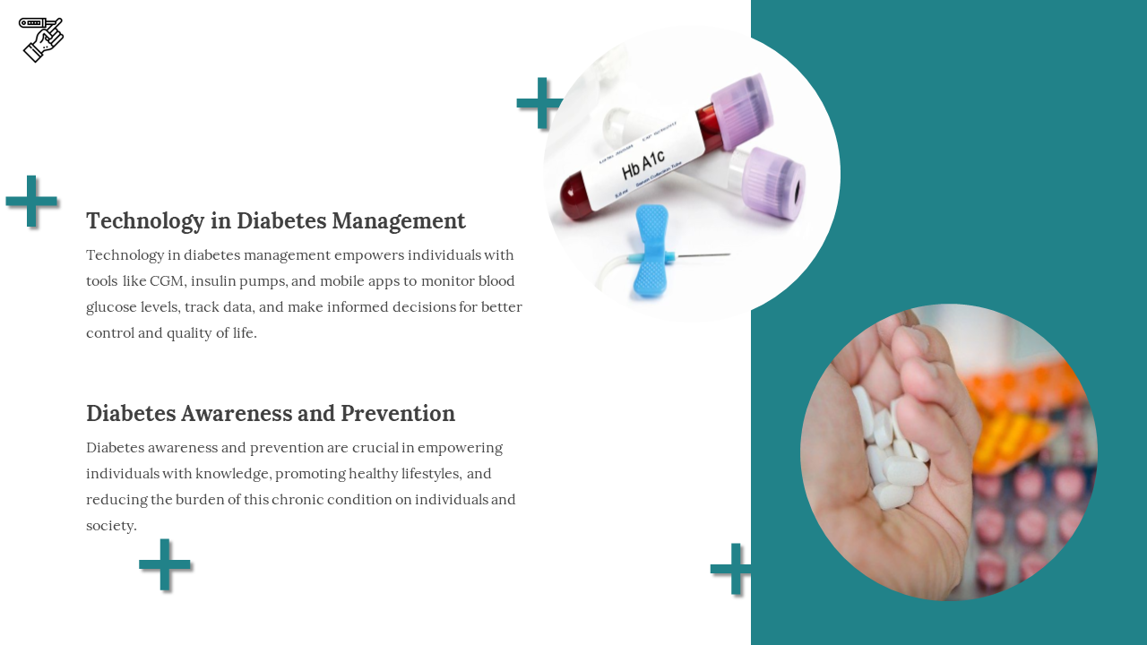 Split layout with teal and white background, circular photo of blood vials at top and hand holding pills at bottom.