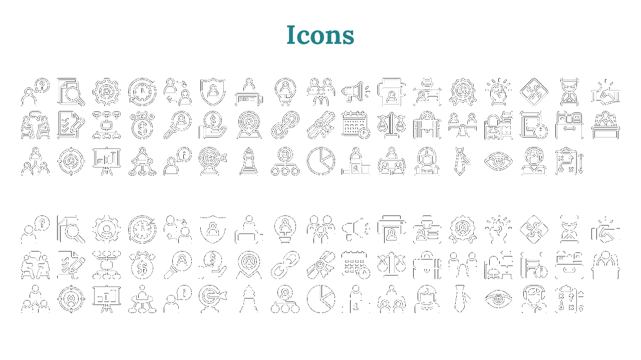 Multiple black business and team related icons, both outlined and filled, are arranged under a teal heading.