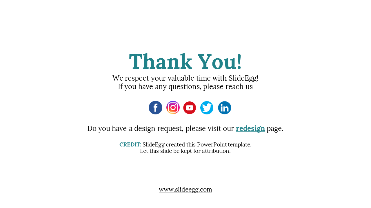 White slide features centered thank you text in teal, five social media icons below, and a website link at the bottom.