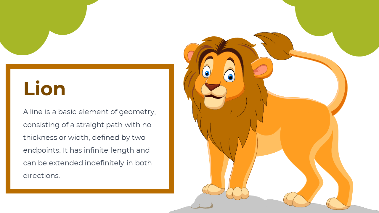 Illustrated lion with bright blue eyes and detailed brown mane on grassy ground, and leafy tree tops framing scene.