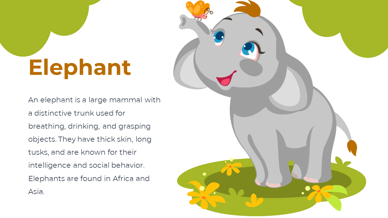 Cute animated elephant with blue eyes lifting a butterfly, standing on a grassy patch with yellow flowers and trees above.