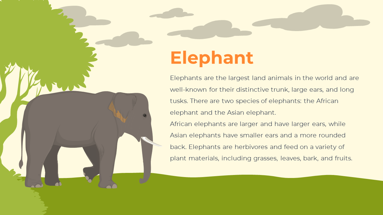 Illustrated gray elephant with large ears and tusks walking near a tree, with green grass and cloudy beige sky background.