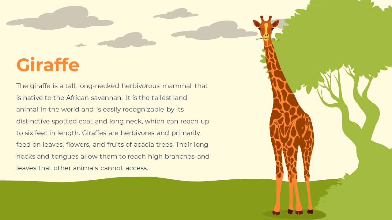 Illustrated giraffe with patterned brown body standing on green grass, with leafy trees and cloudy beige sky in background.