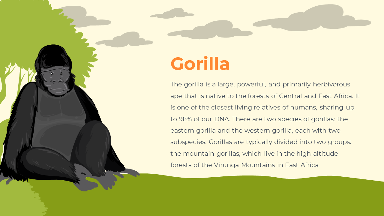 Illustrated gorilla sitting cross legged on grassy field, beside green tree, under a light beige sky with fluffy gray clouds.