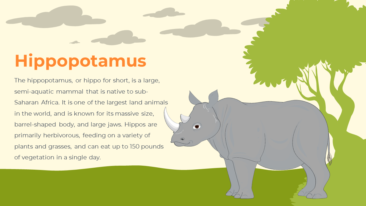 Illustrated gray hippo with two white horns stands on grassy field near a green tree, under a cloudy beige background.