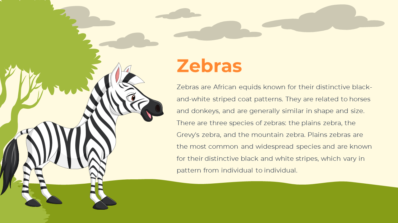 Cartoon zebra with black and white stripes standing on green grass with a leafy tree and grey clouds in the beige sky.