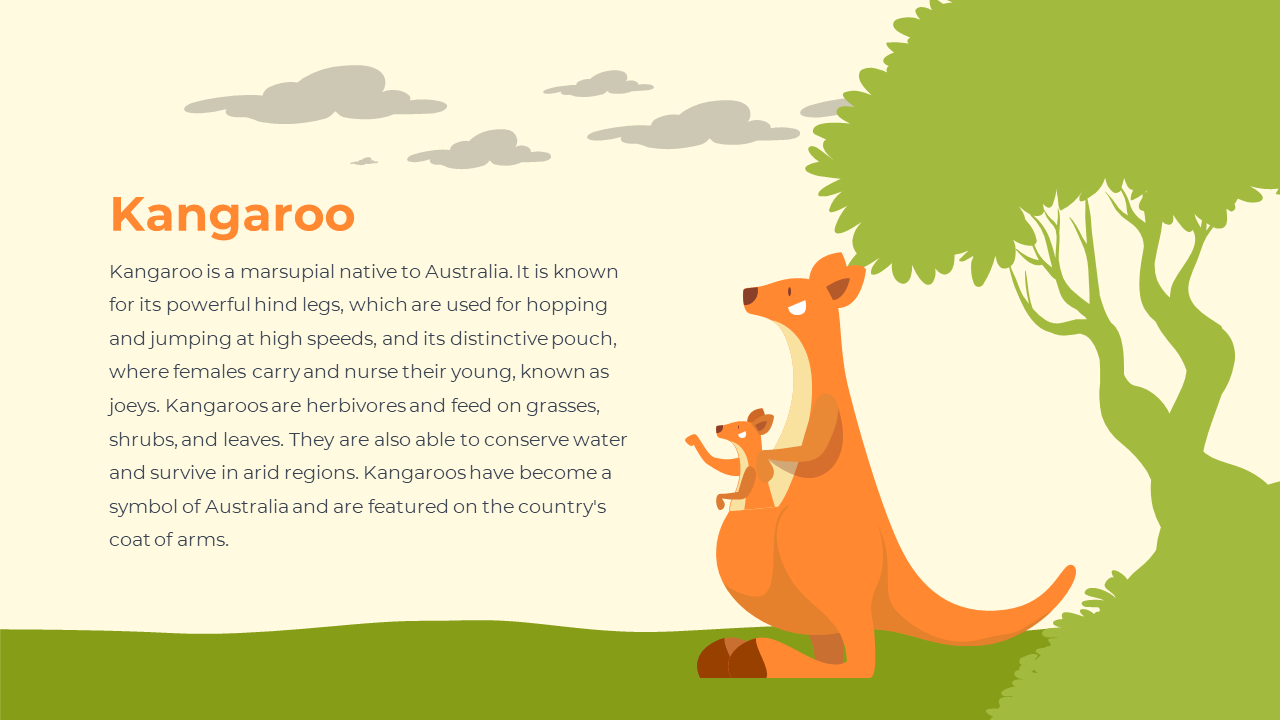 Cartoon kangaroo with baby in pouch stands on green grass near leafy tree under beige sky with soft grey clouds.