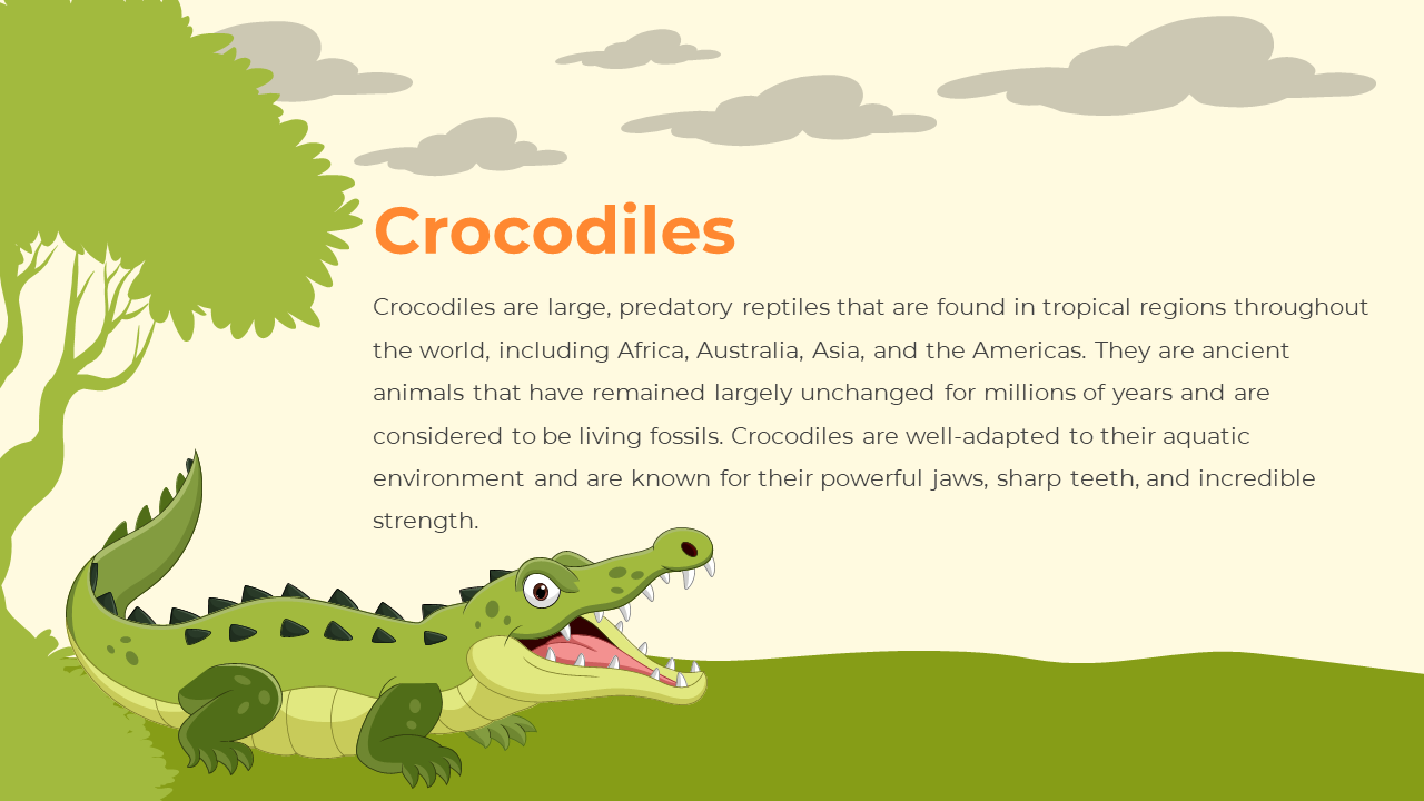 Cartoon crocodile with green body and black scales resting on grassy hill near tree with soft grey clouds.