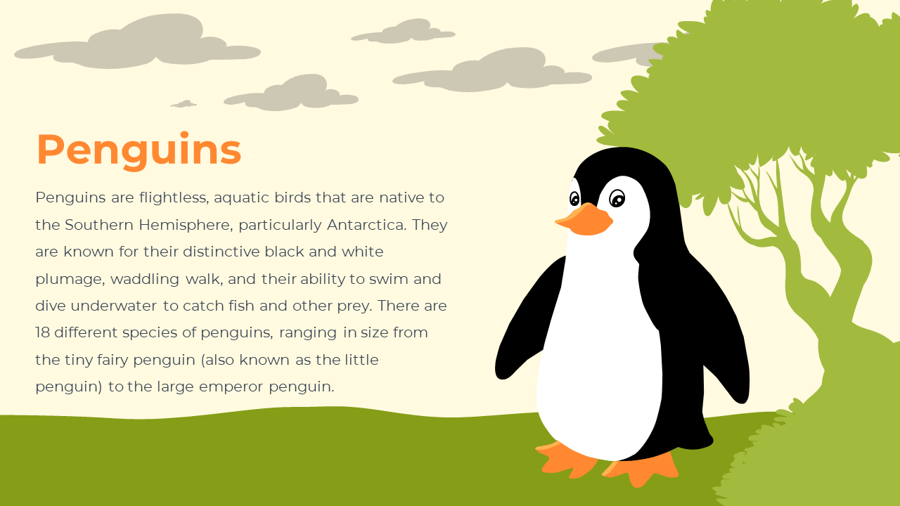 Cartoon penguin with black and white body and orange beak standing near green tree under cloudy beige sky.