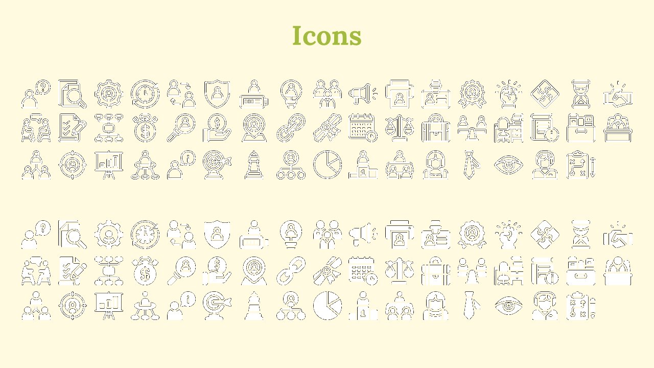 Beige background shows two sets of outlined and filled black icons, with a light green heading at the top center.