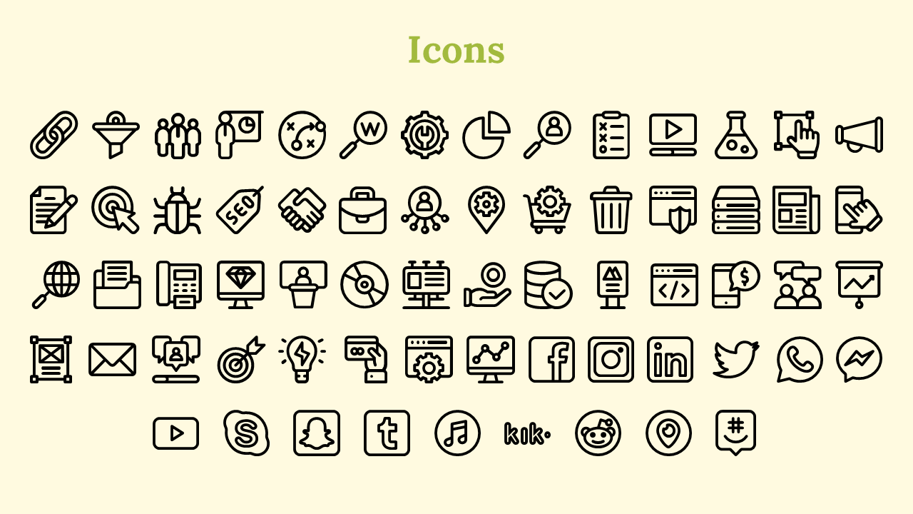 Rows of black outlined icons for media, business, and web are neatly placed on a beige background with a green heading.
