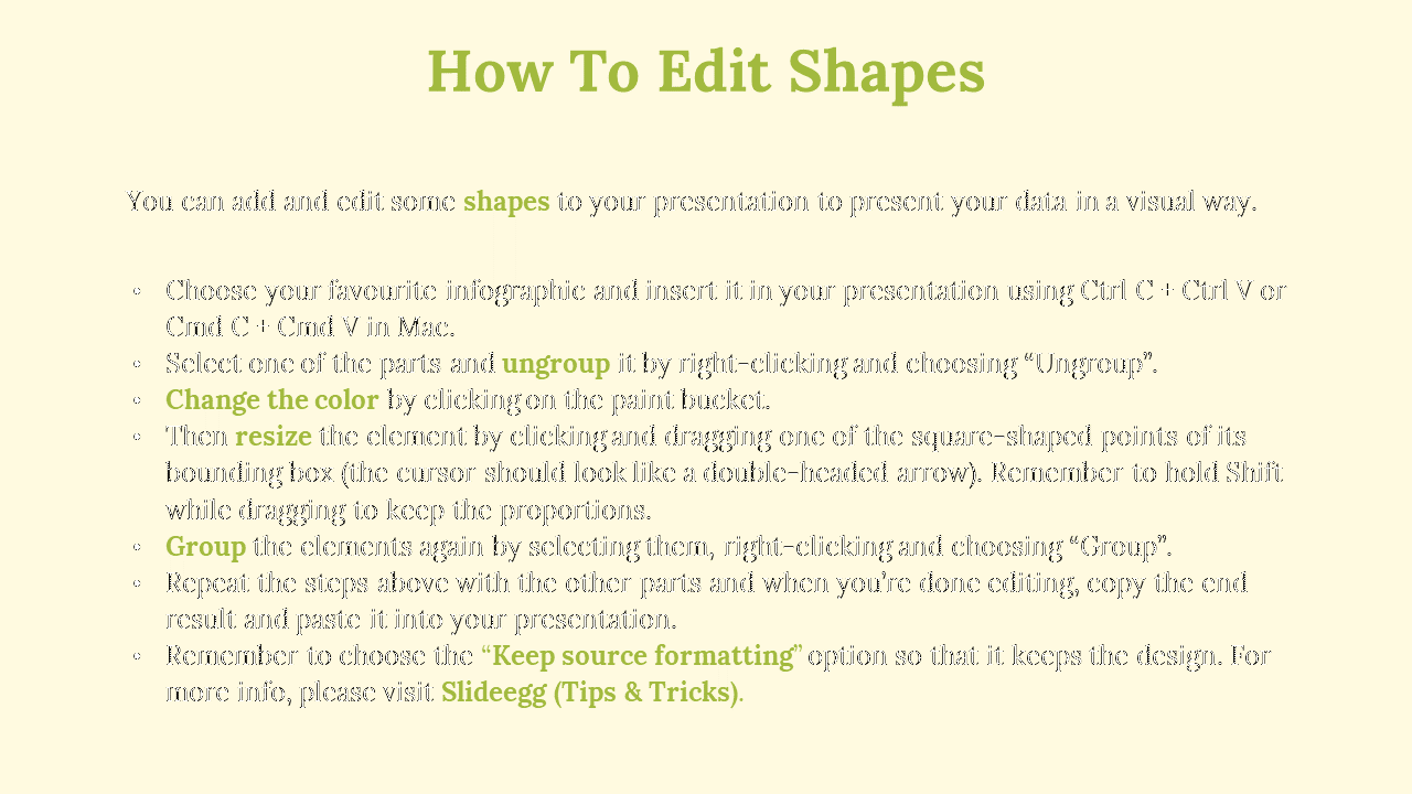 Green heading and instructional text with bullet points explain how to edit and group shapes, set on a beige background.