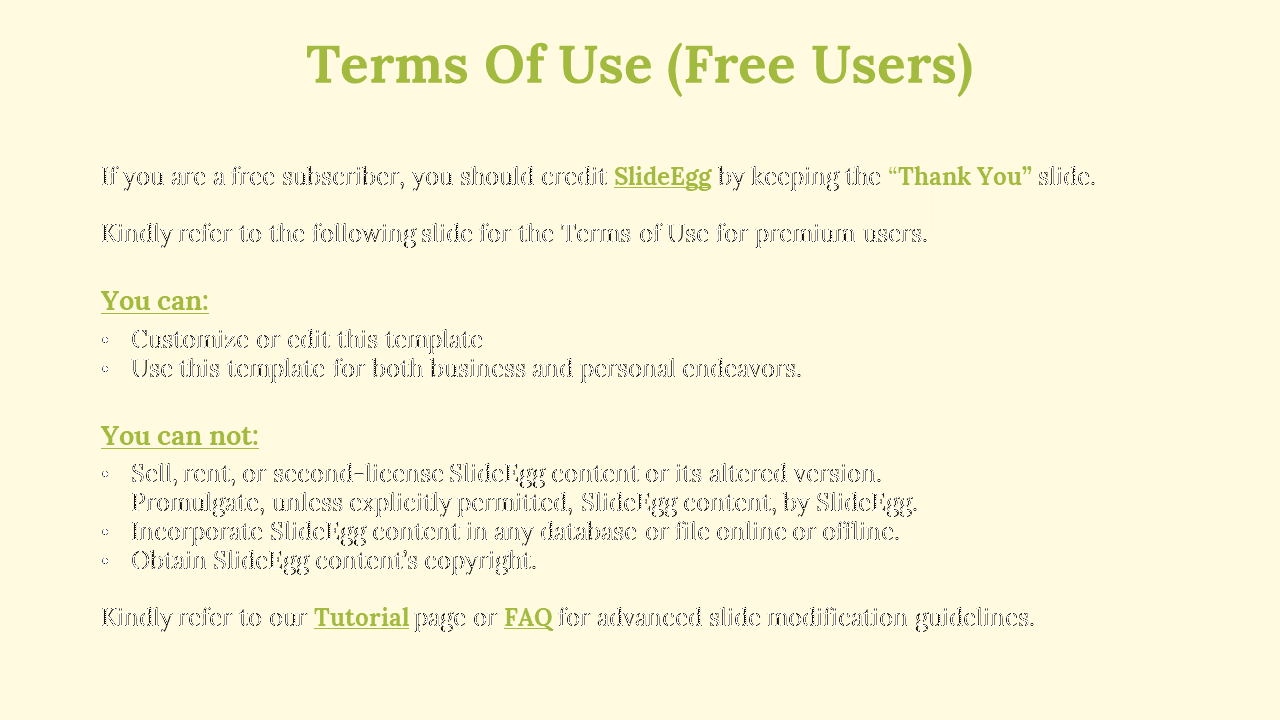 Centered green text on beige backdrop explains terms of use for free users, featuring two sections in bullet points.