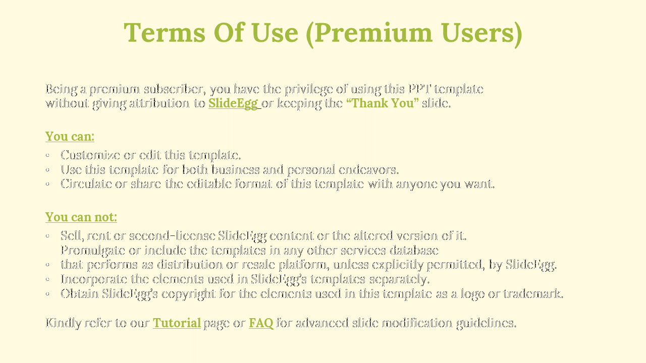 Beige backdrop features green heading and detailed terms of use in black text, organized into two bullet pointed sections.