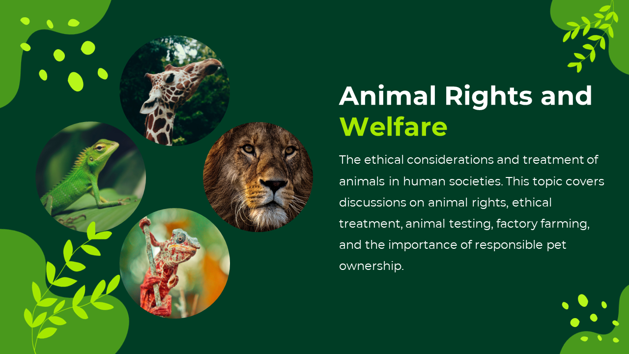 Dark green background with four circular animal photos of giraffe, lion, lizard, and chameleon, beside text.