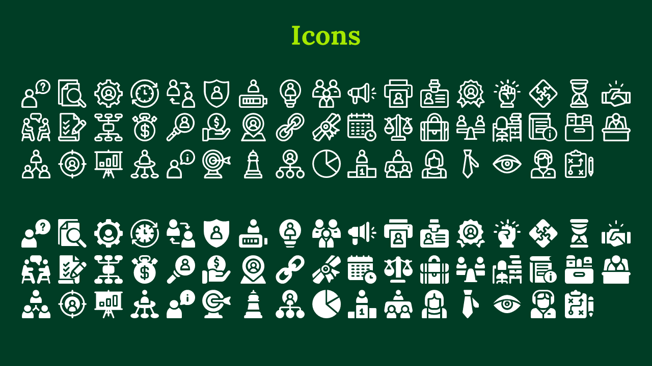 Dark green background shows two sets of outlined and filled white icons, with a light heading at the top center.