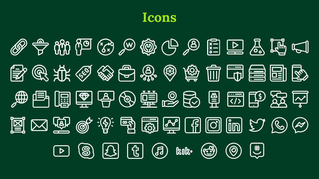 Bright heading at the top with rows of various white outlined icons spread across a dark green background underneath.