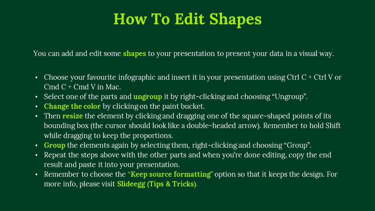 Bright green text gives instructions on editing shapes, organized into bullet points below, on a dark green bakdrop.