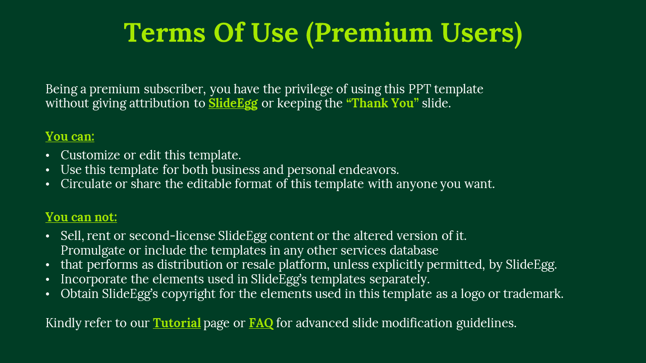 Light green text on a dark green background outlines premium user terms, with bullet points in can and can not sections.