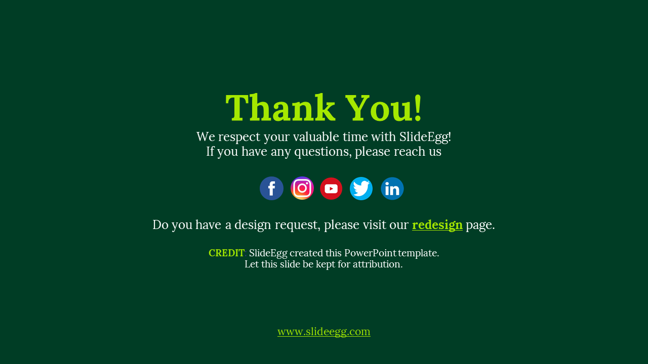 Bright green thank you text at center, five colorful round social icons underneath, and link below, on a dark backdrop.