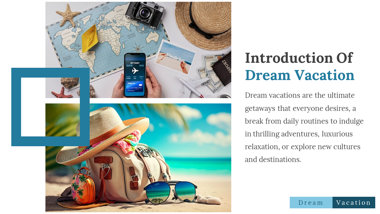 Two vertical images of travel gear on map and beach bag with sunglasses, teal outlined square overlapping, and text on right.