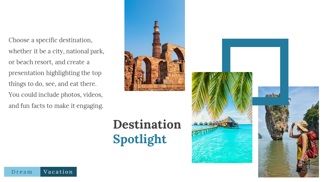 Slide shows three vertical images of ruins, beach huts, and  a traveler on rocky island, with teal square frames on right.