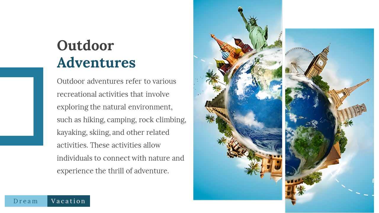 Two panel design showing left white area with text and right vivid globe illustration with landmarks, on a blue sky backdrop.