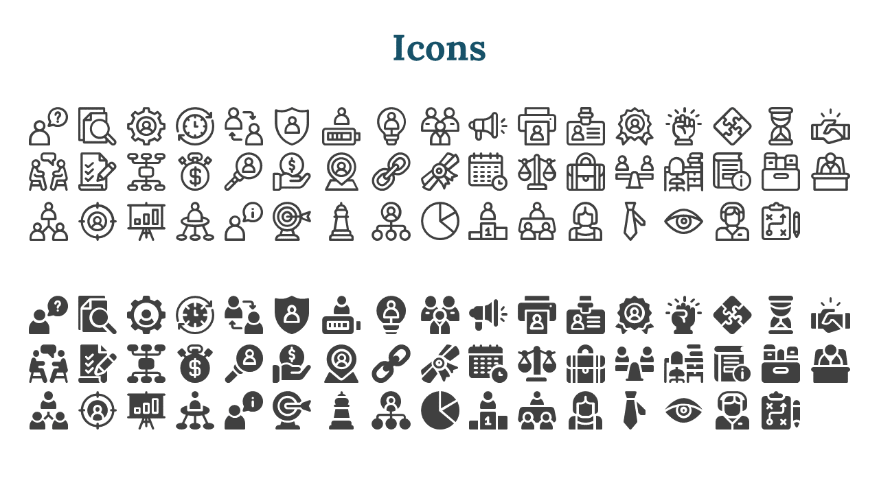 Two rows of outlined and filled black icons are displayed below a dark blue heading at the top.