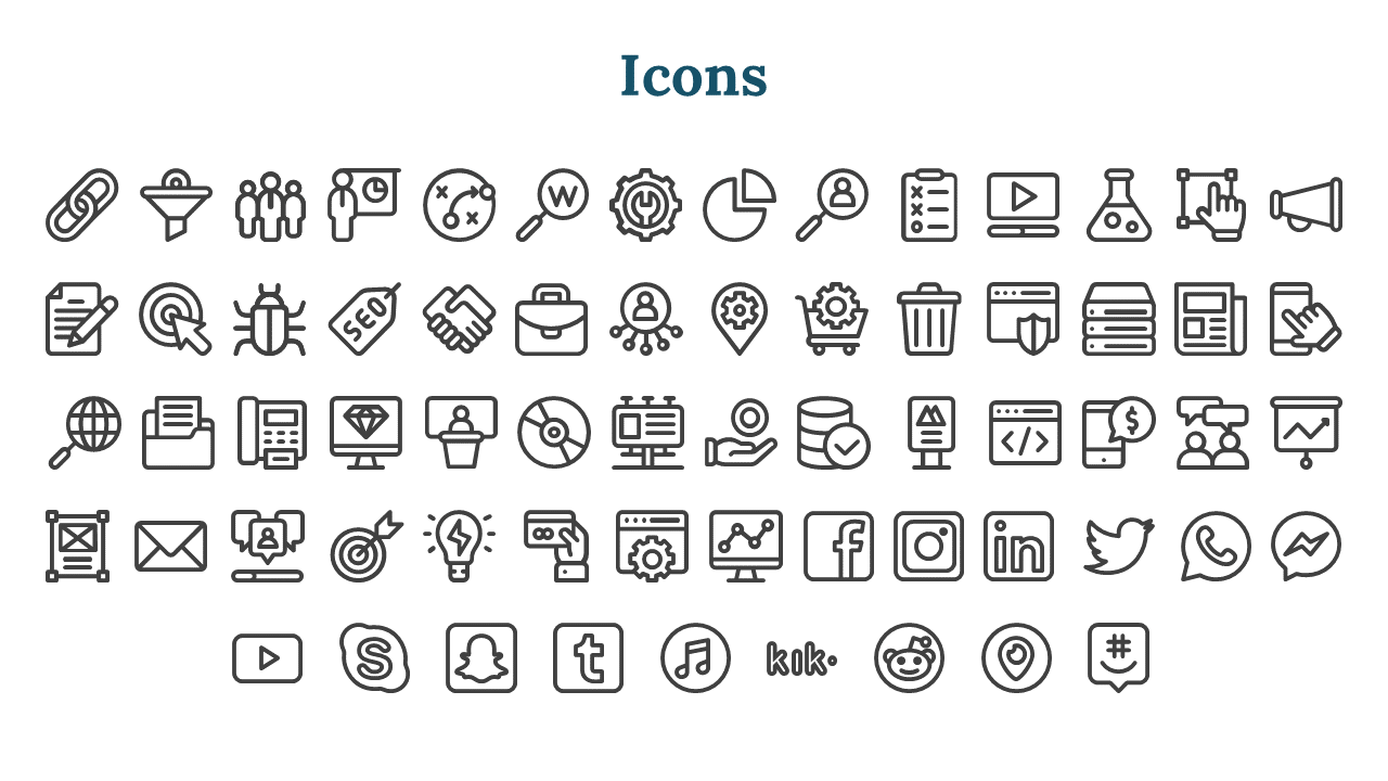 Rows of black outlined icons for media, business, and web are neatly placed on a white background with a dark blue heading.