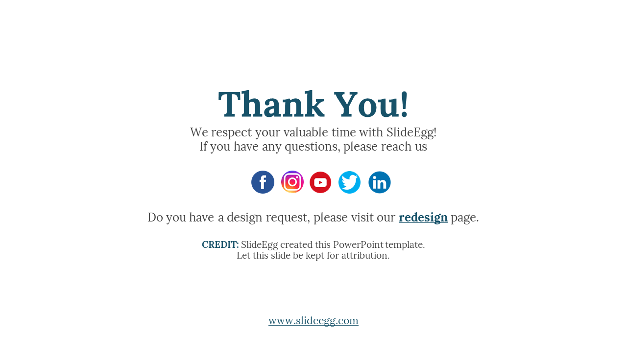 Dark blue thank you text is centered with colorful social media icons and a website link below, on a white bacground.