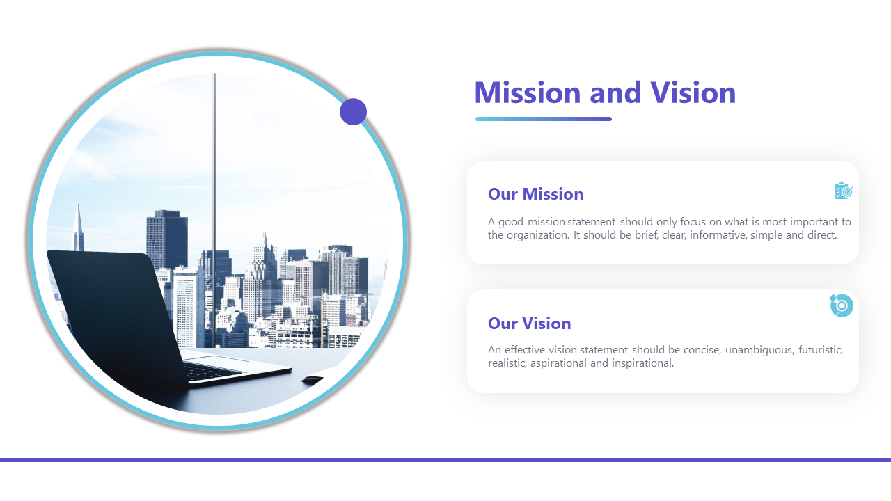 Mission and Vision slide with a cityscape background with text description and icons on a white backdrop.