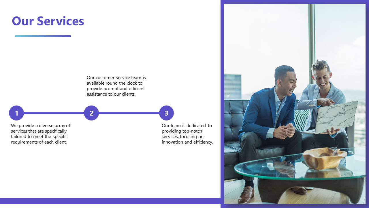 Our services slide with three points alongside an image of two professionals discussing at a table on a white theme.