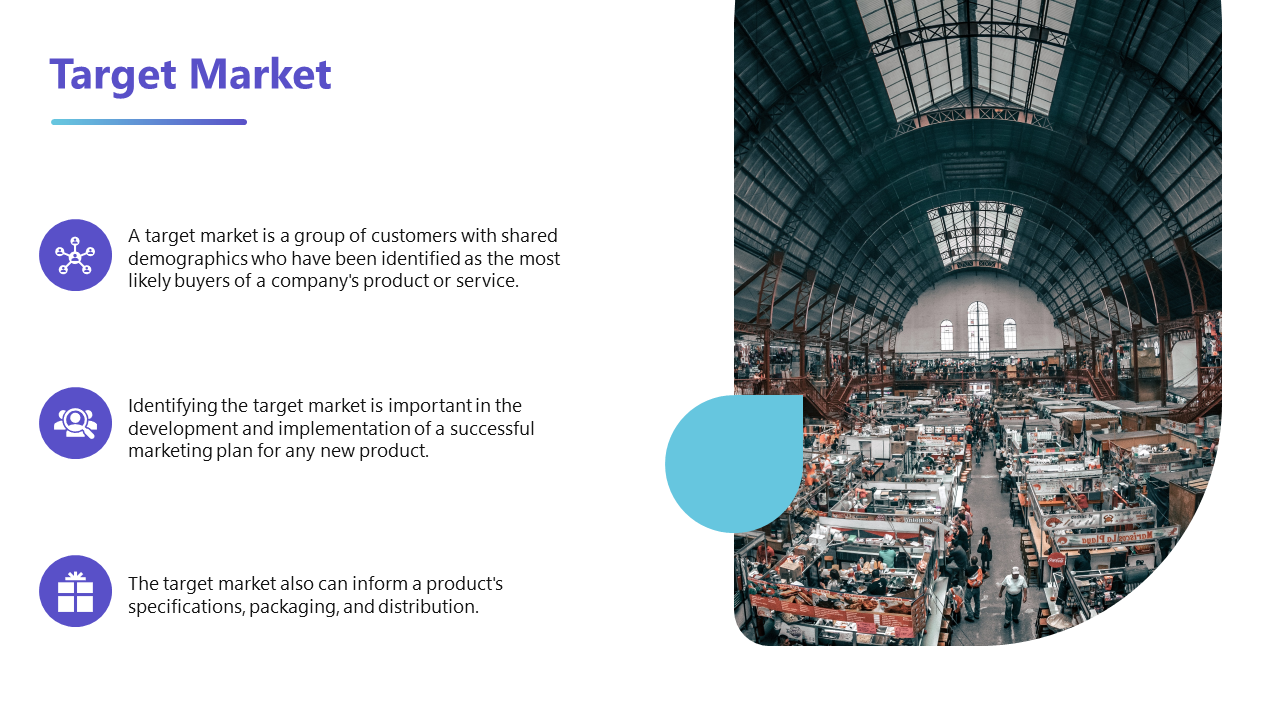 Target market slide with key points on customer demographics alongside an image of a bustling market with violet icons.