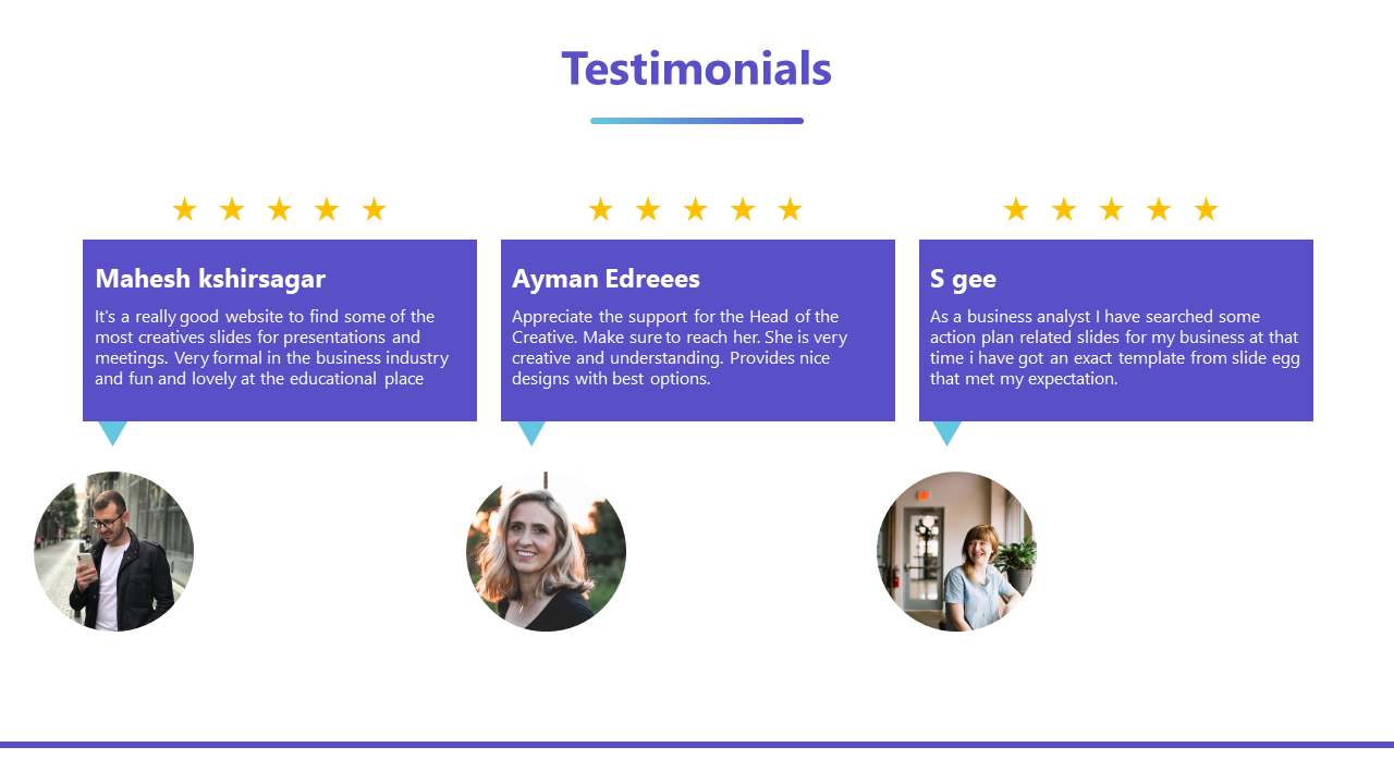 Testimonials slide featuring three customer reviews with images and text descriptions in violet boxes on a white backdrop.