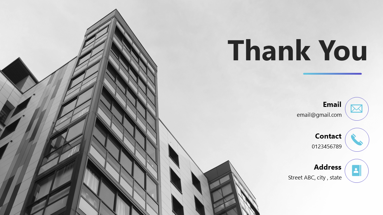 Black and white image of a building with a thank you message and contact information for email, phone and address with icons.