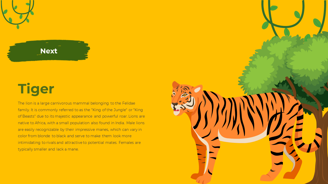 Illustrated tiger stands near trees on the right, with green vines at top and a text block on left, set on yellow background.