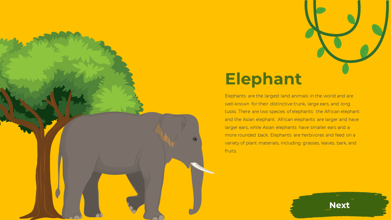 Gray cartoon elephant stands near trees on the left, with green vines at top and text on right, against yellow background.