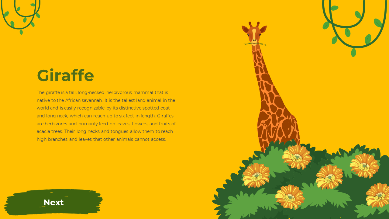 Cartoon giraffe with a long neck stands among green bushes and flowers on right, with vines and text, on yellow background.