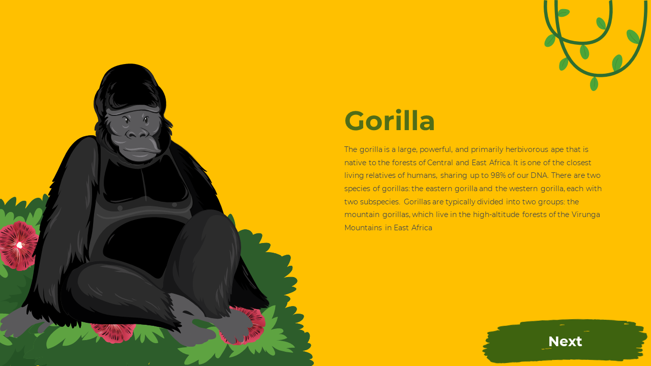 Black cartoon gorilla sits on green bushes with red flowers on the left, with vines and text, against yellow background.