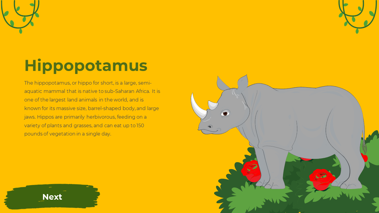 Gray cartoon rhinoceros stands on green bushes with red flowers on the right, with vines and text, on yellow background.
