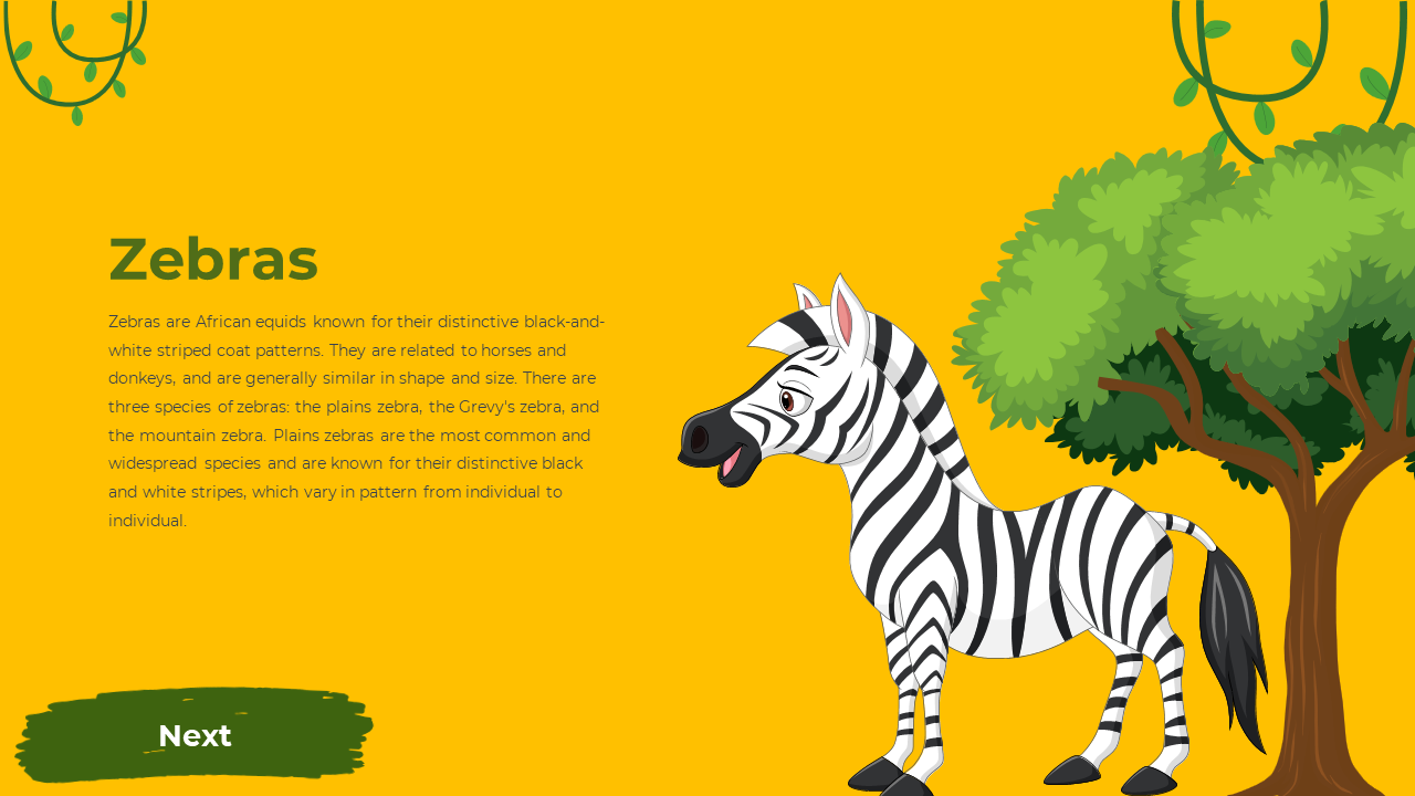 Slide with a zebra stands near leafy trees to the right, green vines hang top, and text, all set on a yellow background.