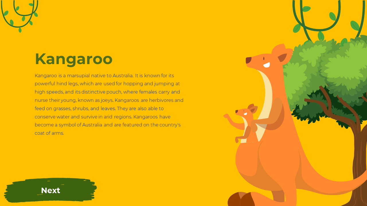 Yellow backdrop featuring a tall kangaroo with a joey stands by green trees, vines hang top, and text is placed on left.