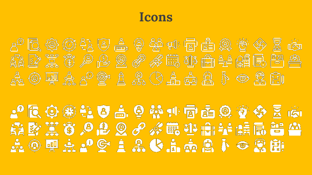 On a yellow background, two sections of outlined and filled black icons are displayed below a bold heading.