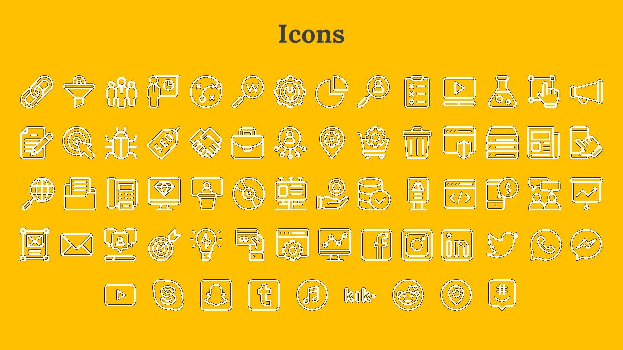 Multiple rows of black outlined icons appear below a centered bold heading at the top, on a yellow background.