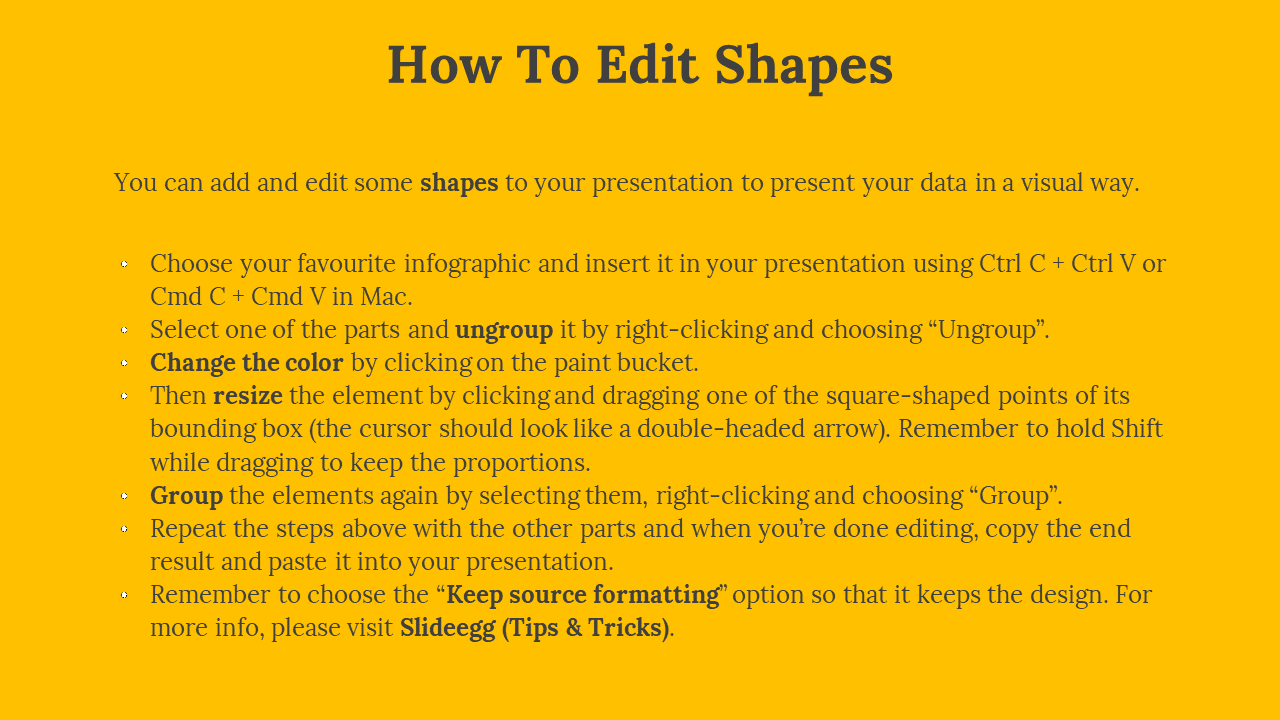 Dark text gives instructions on editing shapes, organized into a list with small bullet points below, on a yellow backdrop.
